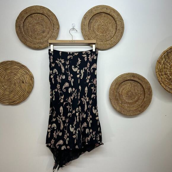 Vintage Y2K 2000s Merona Black Paisley Asymmetrical Hem Slit Midi Skirt Small - Picture 3 of 6